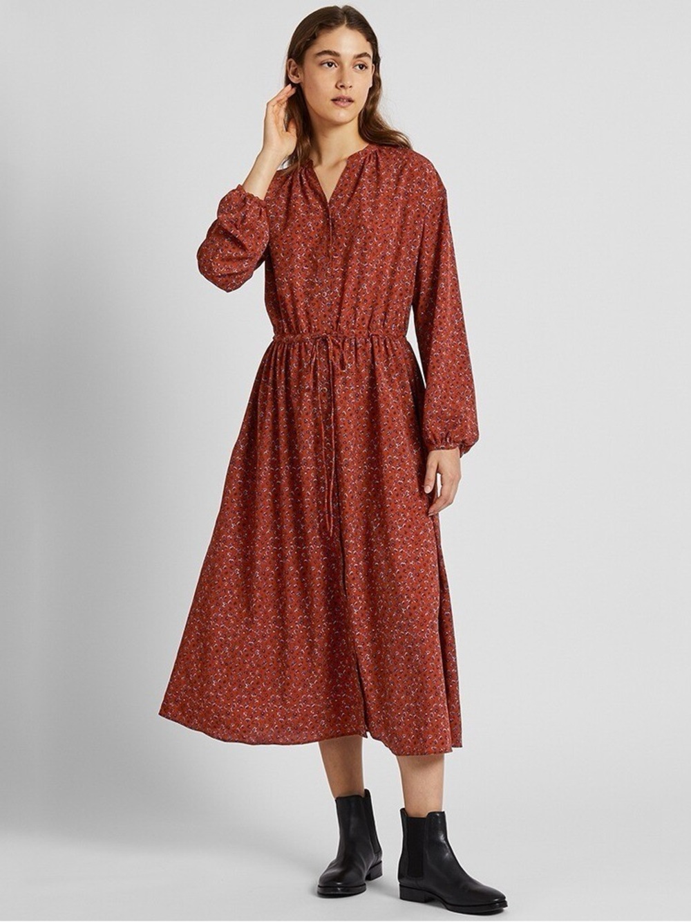Uniqlo Printed V-Neck Rust Long-Sleeve Shirt Dress